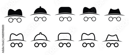 Incognito icon vector set. Editable vector incognito hat glasses user icon. vector anonymous man line icon. Spy agent line icon. security and detective sign vector. Vector illustration.