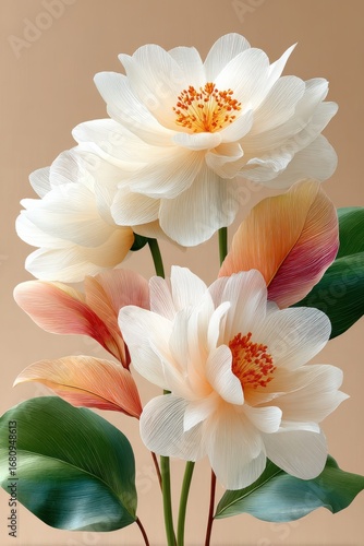 Close-up of delicate cream and orange flowers with textured green leaves