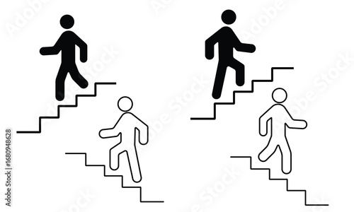 Man walking stairs up and down icon. Stairway direction information symbol. Sign navigation staircase vector. Career symbol. Business success sign.  Vector illustration.