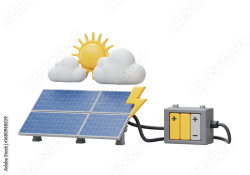 Isolated solar panels generate power storing electricity in battery during cloudy day
