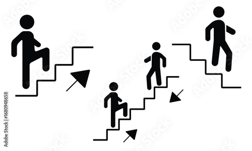 Stairs up and down road icon. Man on stairs going up and going down. Career symbol. Business success sign. Vector illustration.