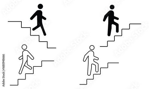 Upstairs-downstairs icon sign. Man on stairs going up and going down. Career symbol. Business success sign. Vector illustration.