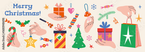 Festive Christmas set with gifts, hands, ornaments, holiday tree, candy cane and decorative elements. Trendy modern vector illustration isolated on light background, hand drawn, flat design