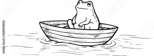 Cartoon frog sitting in a rowboat on water in black and white sketch style with hands visible toad amphibian