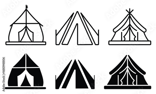 Set of Tent vector icon.  Tourist tent canopy reinforced with a rope with a peg, the shape of a nylon hemisphere dome monochrome a symbol of open travel and relaxation. Vector illustration.