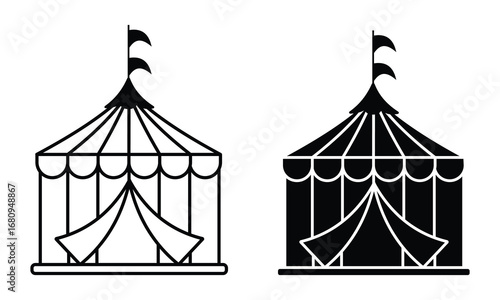 Tourist camping tent vector icon set. Tourist tent, glamping dome, monochrome, black symbol, travel and relaxation. Tent adventure. Vector illustration.
