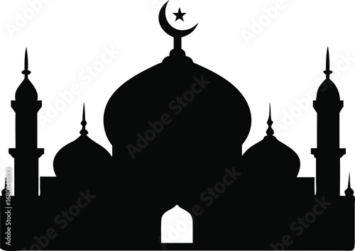 Islamic mosque silhouette with minarets and dome featuring crescent moon emblem a symbol of faith and worship silhouette
