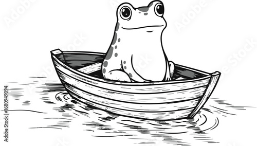 Cartoon frog sitting in a rowboat on water in black and white sketch style toad amphibian