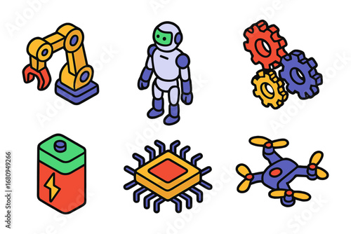 isometric robotics and technology icon set – robot arm, humanoid robot, gears, battery, microchip, drone