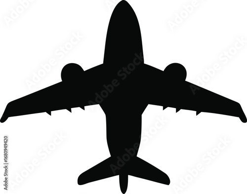 Top-down black silhouette of a modern jet airplane with extended wings and tail fins silhouette
