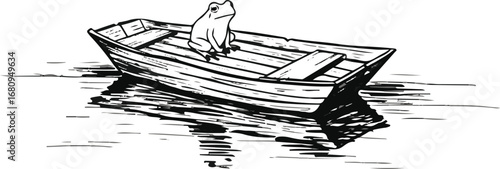 Cartoon frog standing in a rowboat on water in black and white sketch style toad amphibian
