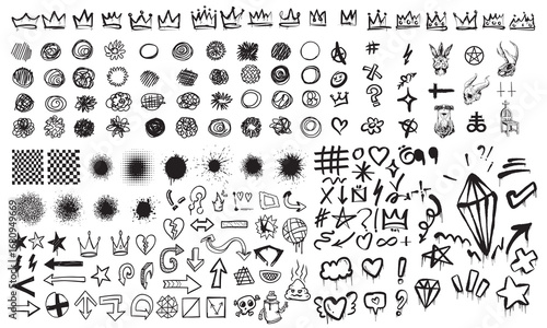 Collection of Hand-Drawn Graffiti and Doodle Elements. This image features a large collection of black and white hand-drawn graffiti and doodle elements.