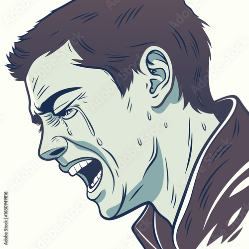 Man in distress crying out loud with sweat dripping down his face, showing intense emotional pain