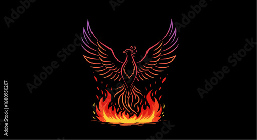 Phoenix rising from flames with colorful gradient on black background  