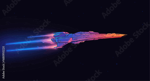Futuristic spacecraft traveling through deep space with neon trails  