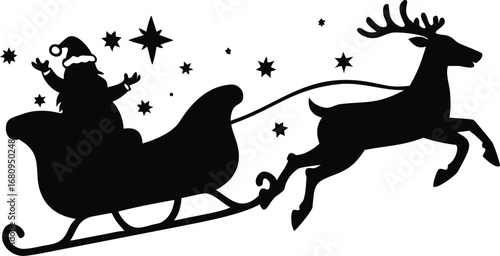Silhouette of santa claus riding sleigh pulled by reindeer under starry night sky christmas celebration silhouette