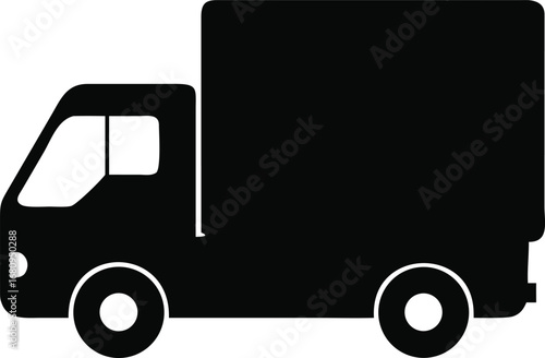 Simple black silhouette graphic of a delivery truck side view isolated on a white surface representing transport and logistics silhouette