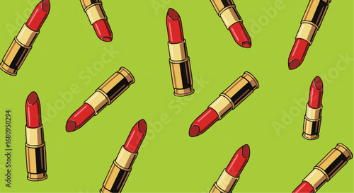 Pattern of red lipsticks on vibrant green background  