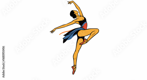 Dancer performing a graceful leap in colorful attire on white background  