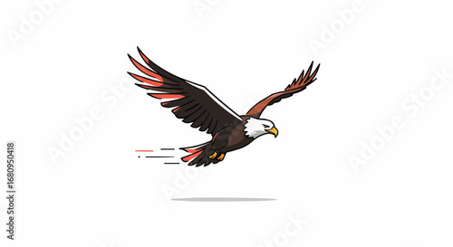 Bald eagle flying with wings spread against a white background  