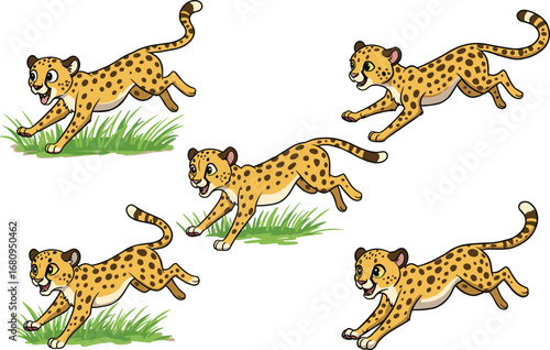 Cartoon cheetahs running in dynamic poses, fast animal motion illustration, wildlife character design, nature-themed stock art, sprint sequence