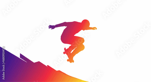 Skateboarder jumping in colorful silhouette on gradient background  