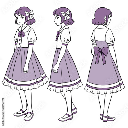 Illustration of anime girl in purple dress with bow design reference sheet character design full body turnaround