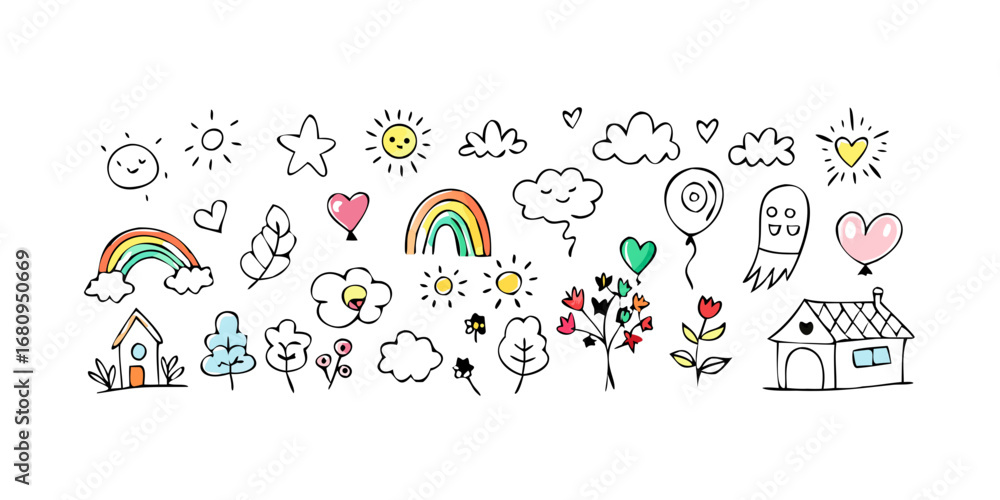 Fototapeta premium Rainbows hearts and smiling faces flowers simple