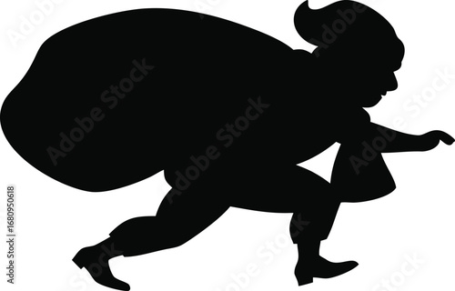 Dynamic silhouette of santa claus carrying a large gift bag in motion on white christmas eve silhouette