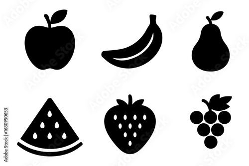 fruit silhouette icons – apple, banana, pear, watermelon, strawberry, grapes