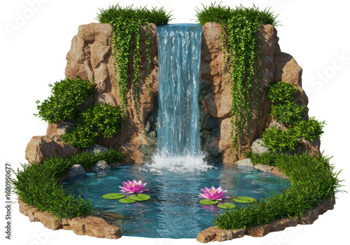 Isolated cascading rock waterfall feature with pond and pink water lilies blossoms