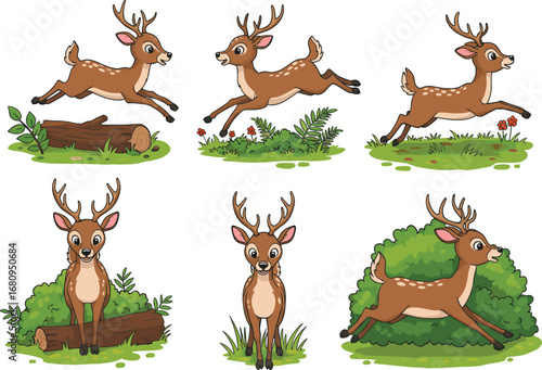 Cartoon deer in forest poses, dynamic and static animal illustrations, nature theme, kids art, expressive wildlife character, stock image