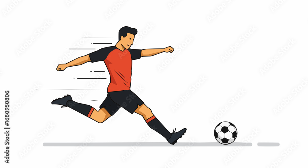 Fototapeta premium Soccer player kicking ball in motion wearing red and black jersey 