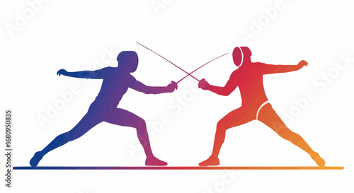 Fencing athletes battling with swords in colorful silhouette design  