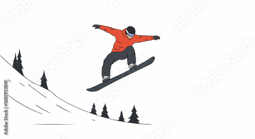 Snowboarder jumping on slope among evergreen trees in winter  
