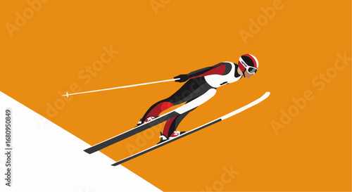 Skier racing down slope with poles on bright orange background  