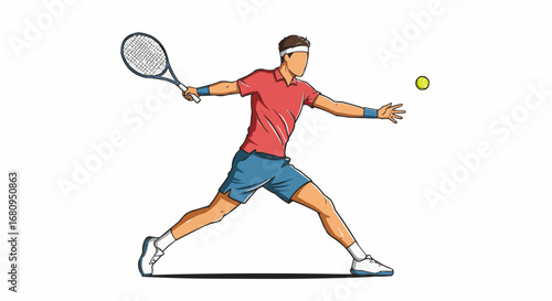 Male tennis player hitting a ball while lunging on court  