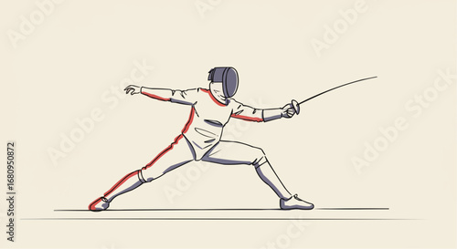 Fencer in action, performing a lunge with a foil on neutral background  