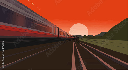 Train traveling on tracks at sunset with red sky and mountains  