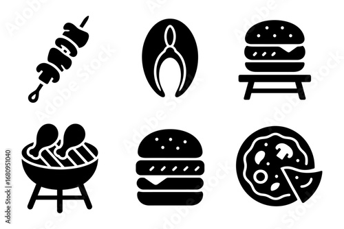 bbq and fast food silhouette icons – kebab, fish steak, grill, burger, pizza