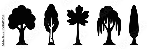 tree silhouettes icon set – deciduous, birch, slender trunk, willow, cypress