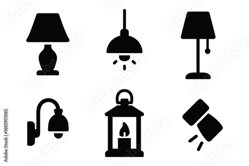 lamp and lighting silhouette icons – table, ceiling, floor, wall, lantern, flashlight