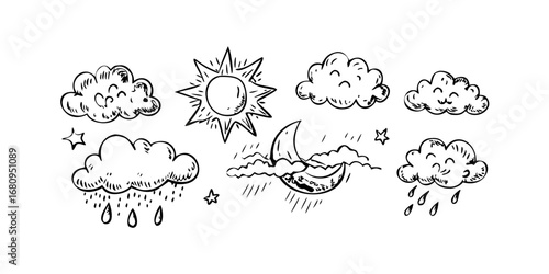 Retro weather icons with hand drawn style vintage