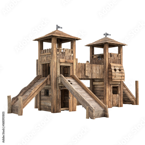 Two wooden play towers with slides, resembling a medieval fortress