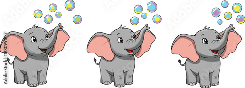 Cartoon elephants blowing colorful bubbles, cheerful animal illustration, playful pet characters, expressive poses, stock design, whimsical theme