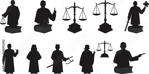 Silhouettes of Judges, Legal Professionals, Justice Scales, Law Books, and Courtroom Symbols Representing Law, Justice, Legal System, Courtroom Vector Illustration
