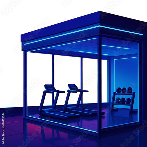 Futuristic gym pod with treadmills and dumbbells illuminated by vibrant blue and purple neon lights, a concept for modern fitness and exercise