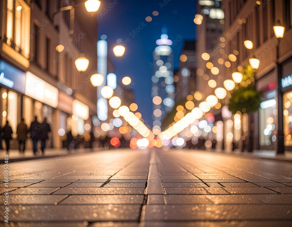 Fototapeta premium Blurred city street at night with glowing lights and cobblestone pavement