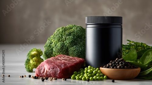 Health and supplement. A photograph of a white label supplement with steak and broccoli. 