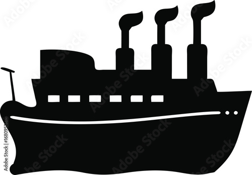 Stylized silhouette of a classic steamship with three smokestacks emitting puffs of smoke captures vintage maritime transportation silhouette